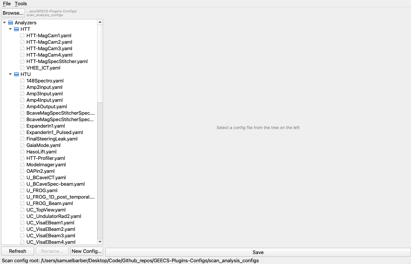 ConfigFileGUI initial view with the analyzer/group tree on the left