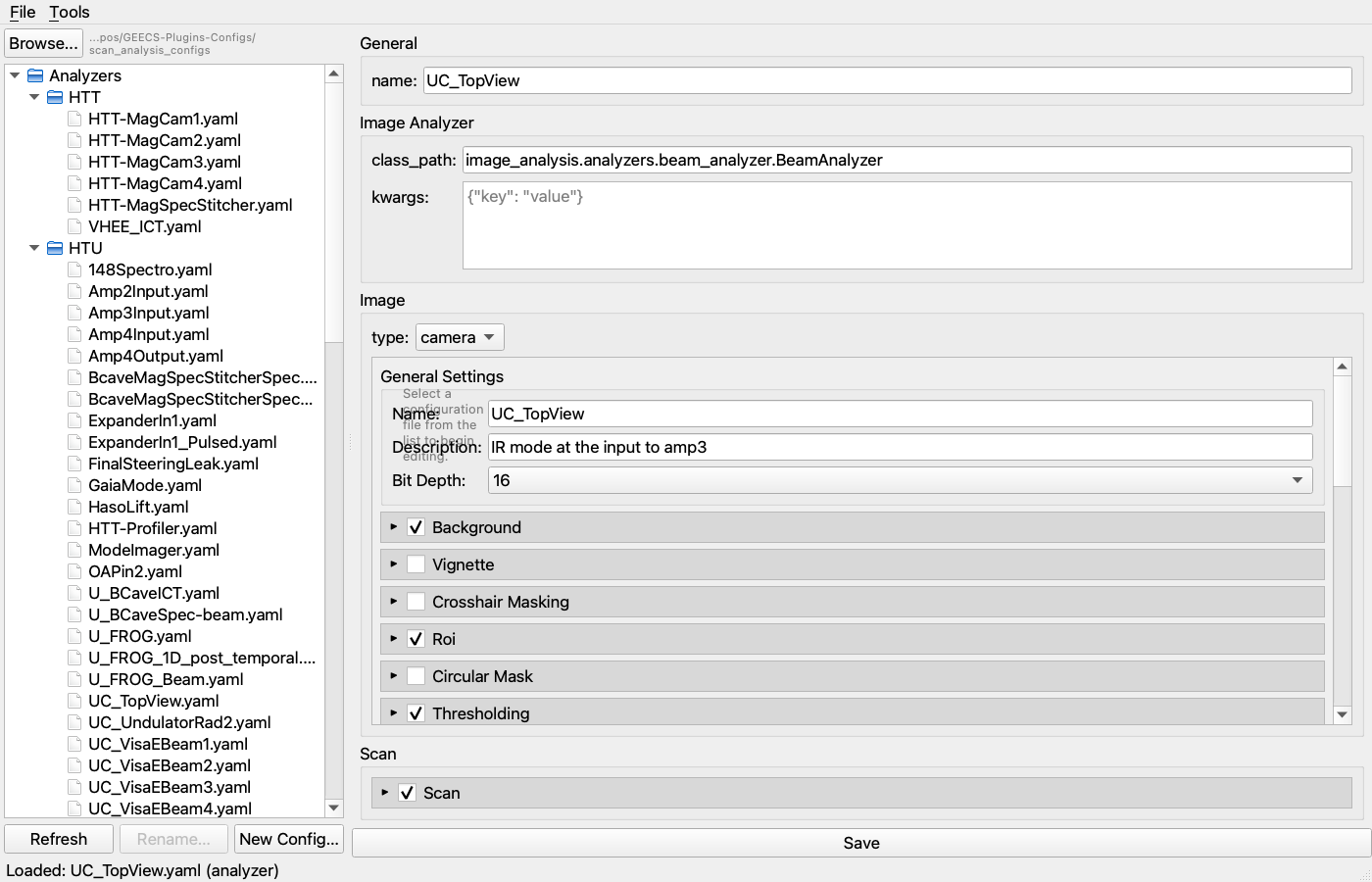 ConfigFileGUI showing the UC_TopView camera analyzer with the Image
section expanded