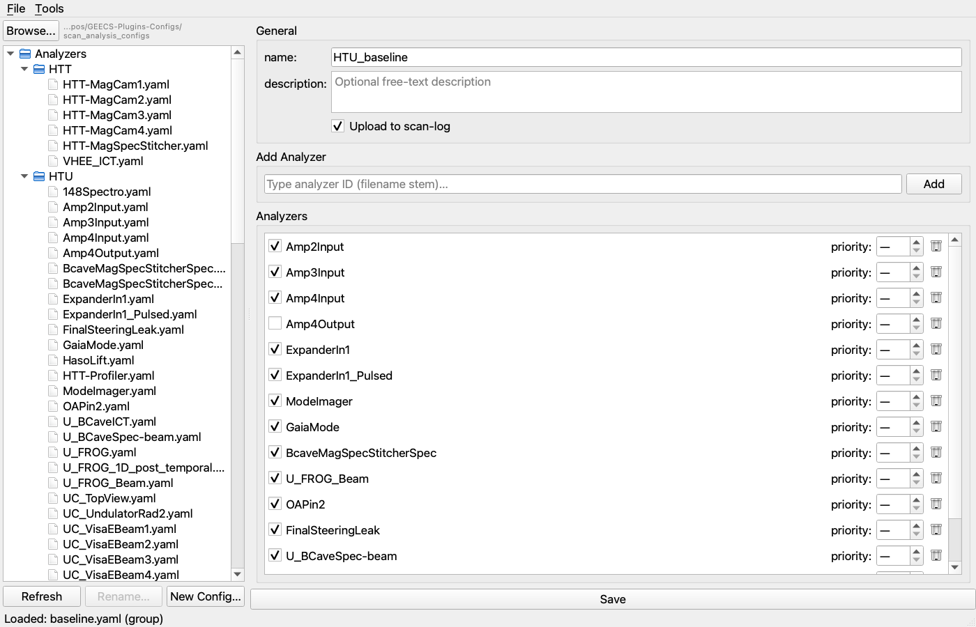 ConfigFileGUI showing the HTU_baseline group config with its analyzer
roster and per-entry controls