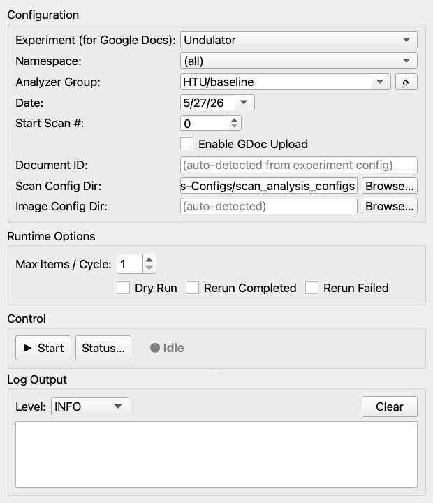 LiveWatch with HTU/baseline selected as the analyzer group, the scan
config dir auto-detected, and today's date